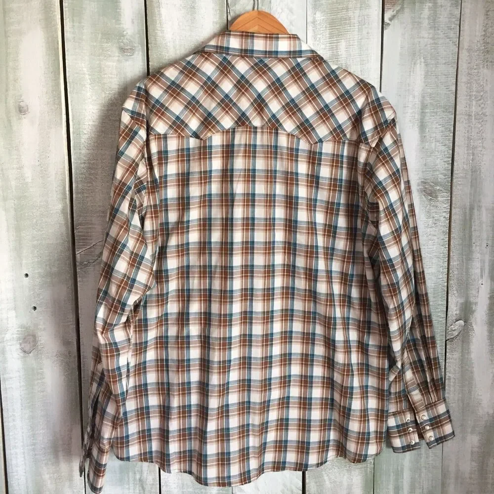 Wrangler Wrancher Brown White Plaid Western Pearl Snap Long Sleeve Shirt Mens XL - Picture 6 of 6
